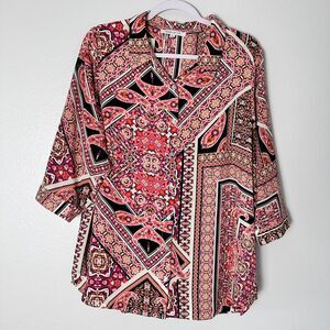 Rose and Olive Women's Size 1X Button Up Top Floral Paisley 1/2 Sleeve Chiffon